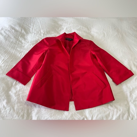 Lafayette 148 | SZ 6 Petite Red 100% Silk Blazer Jacket | Open Front 3/4 Sleeve - Picture 1 of 10